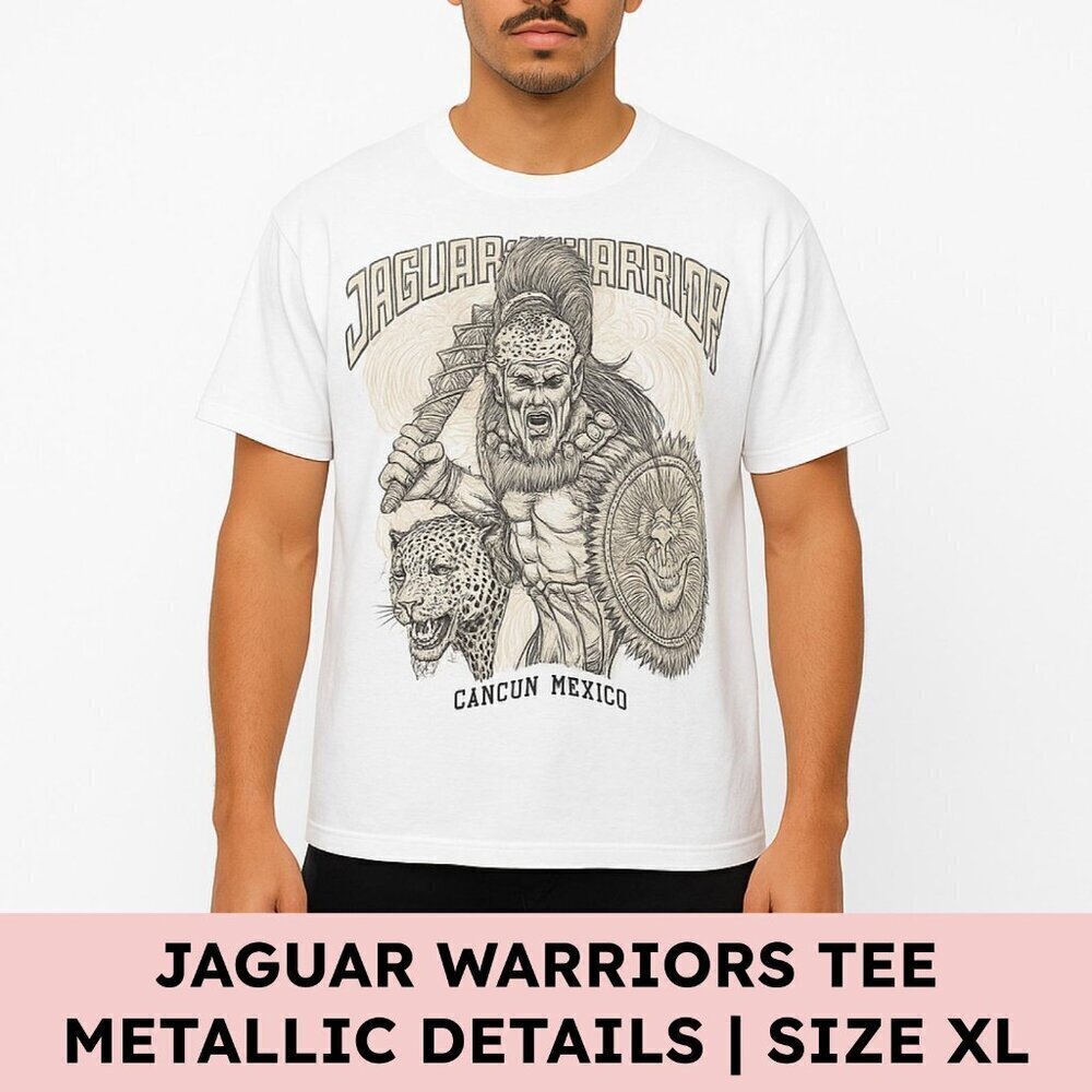 Gaby Cancún “Jaguar Warrior” Graphic Tee XL White Mexico Souvenir / Aztec Art